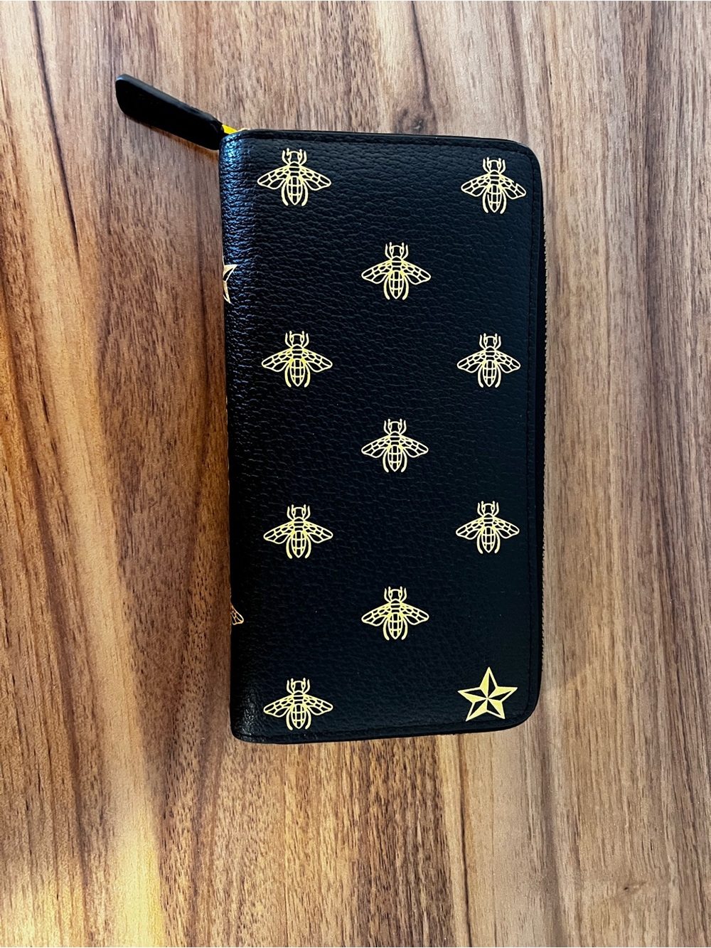 Black Zip-Around Wallet with Gold Bee Accent